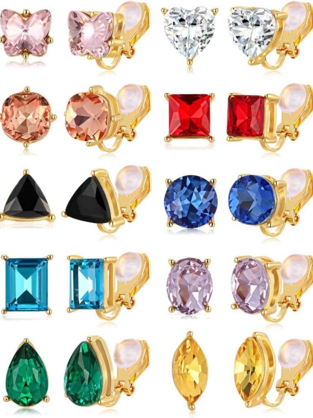 10 Pairs Non-Pierced Clip-On Earrings Set - Multicolored CZ Studs in Various